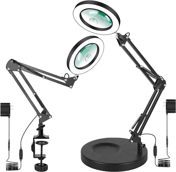 Magnifying Glass with Light and Stand,2-in-1 Lighted Magnifier Deskop lamp with Clamp,5X&10x Real Glass 3 Color Stepless Dimmable Magnifying Desk Lamp for Close Works Reading Crafts Hobby Soldering - LeafyLoom