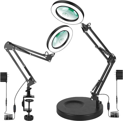 Magnifying Glass with Light and Stand,2-in-1 Lighted Magnifier Deskop lamp with Clamp,5X&10x Real Glass 3 Color Stepless Dimmable Magnifying Desk Lamp for Close Works Reading Crafts Hobby Soldering - LeafyLoom