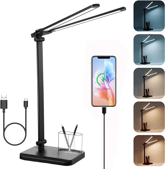 LED Desk Lamp for Home Office - Dual Swing Arm Desk Light with USB Charging Port,Eye-Caring Foldable 5 Color Modes 10 Brightness Levels Dimmable Desk Lamp for College Dorm Room (Black) - LeafyLoom