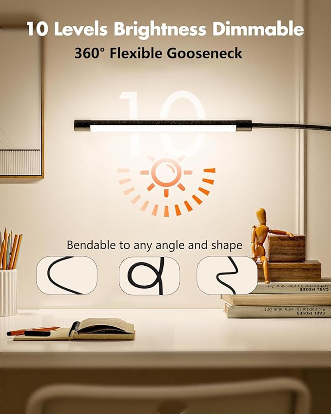 JHD LED Desk Lamp with Clamp - Adjustable 3 Modes, 10 Brightness Levels, USB Eye Caring Flexible Gooseneck Desk Light, Perfect for Home Office, Dorm Room, Bed Headboard,Nail, Clip On Light, Black - LeafyLoom