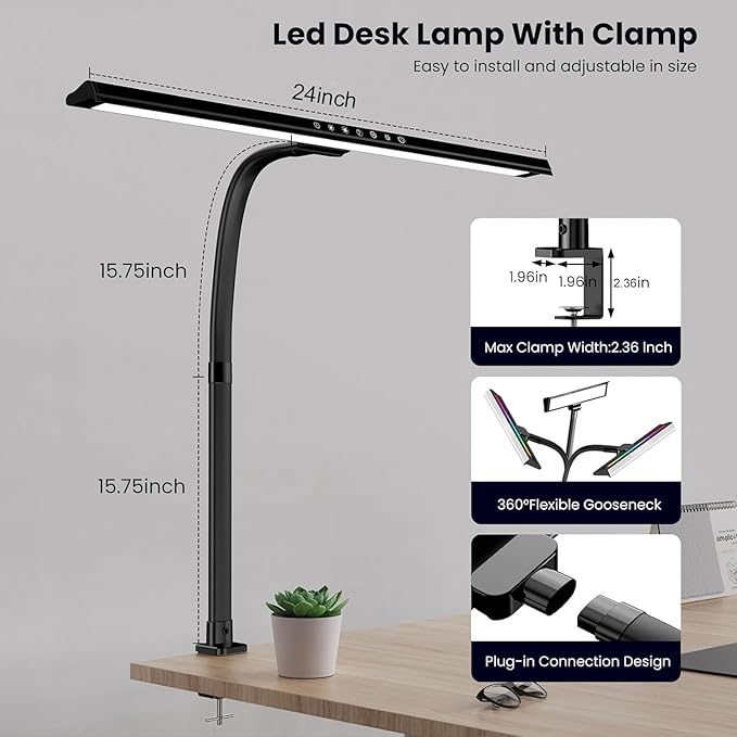 2-in-1 Desk Lamp with RGB Ambient Light, Architect Desk Lamps for Home Office, 5 Color Modes & Brightness Levels, Eye-Caring Flexible Gooseneck Table Light for Monitor Working Reading Gaming - LeafyLoom