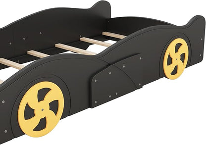 Twin Size Car Bed with Storage Space,Race Car-Shaped Platform Wooden Bedframe W/Wheels,No Box Spring Required,for Boys Toddlers Kids Child's Bedroom,Black+Yellow - LeafyLoom