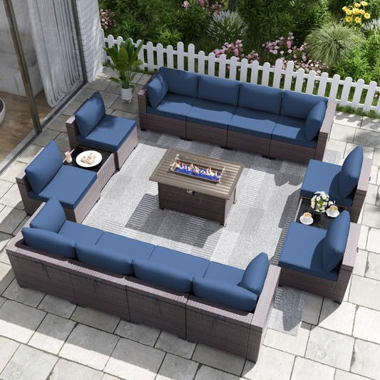 15 PCS Patio Furniture Set with Fire Pit Table Outdoor Sectional Furniture Outdoor Rattan Patio Sofa Conversation Sets with 43in 55,000 BTU Propane Gas Fire Pit Table, Navy Blue - LeafyLoom