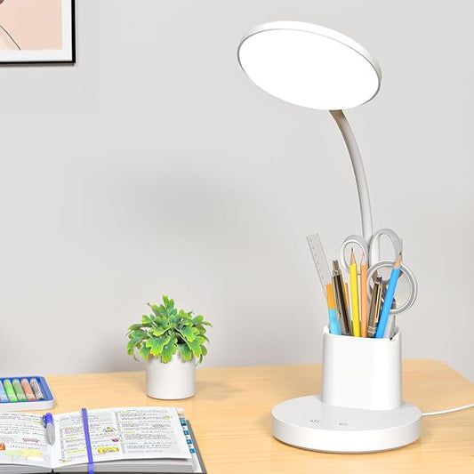 comzler Small Desk Lamp for Kids, LED Desk Lamps with Pen Phone Holder, White Desk Light for Home Office,8W 3 Modes Dimmable LED Desk Light for Kids, Desktop Study Lamps for Bedrooms - LeafyLoom