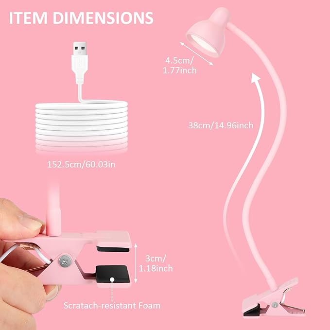 Pink Small Desk Lamp Clip on Reading Light for Bed 3 Colors 10 Brightness Dimmable Flexible Gooseneck Clip on Light for Bed Headboard College Dorm Room - LeafyLoom