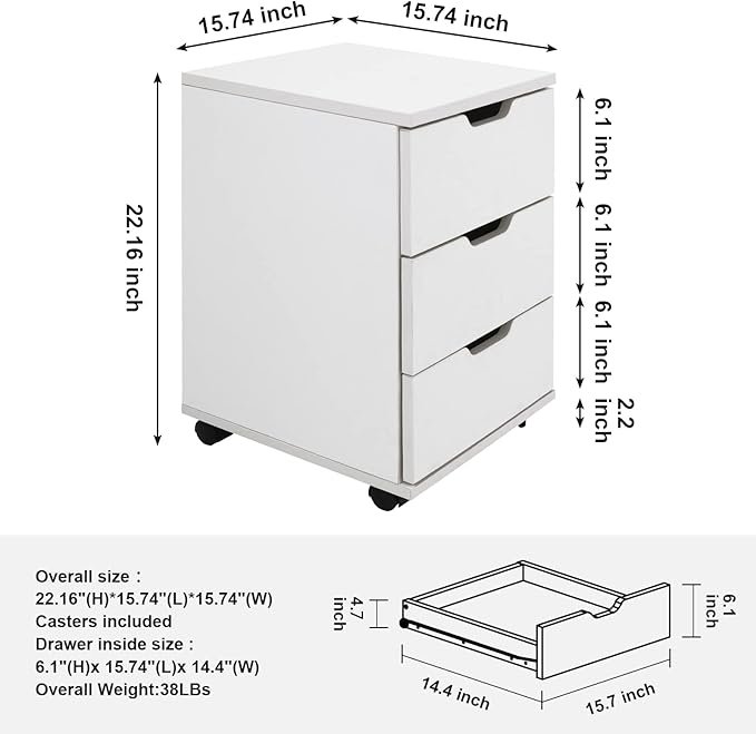 Farini 3-Drawer Vertical Filing Cabinet Rolling Wood Mobile File Cabinets Under Desk for Home Office with Casters (White, Fully Assembled) - LeafyLoom