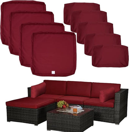 ClawsCover 9Pack Outdoor Seat and Back Cushions Replacement Covers Fit for 5 Pieces 4-Seater Wicker Rattan Patio Conversation Set Sectional Couch Furniture,Burgundy-Include Cover Only (Large) - LeafyLoom