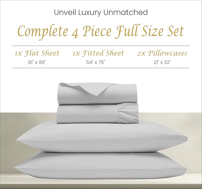 Egyptian Cotton Sheets Full Size - 1000 Thread Count Sheets for Full Size Bed, Long Staple Comfortable Luxury & Soft, 4-Piece Coziest Bedding Set, Fits Upto 18" Mattress - Light Grey Sheets - LeafyLoom