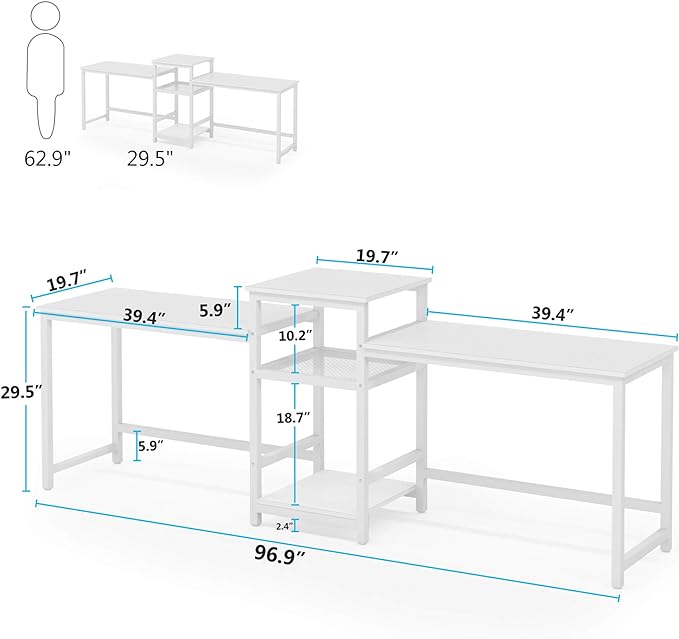 Tribesigns 96.9" Double Computer Desk with Printer Shelf, Extra Long Two Person Desk Workstation with Storage Shelves, Large Office Desk Study Writing Table for Home Office, White - LeafyLoom