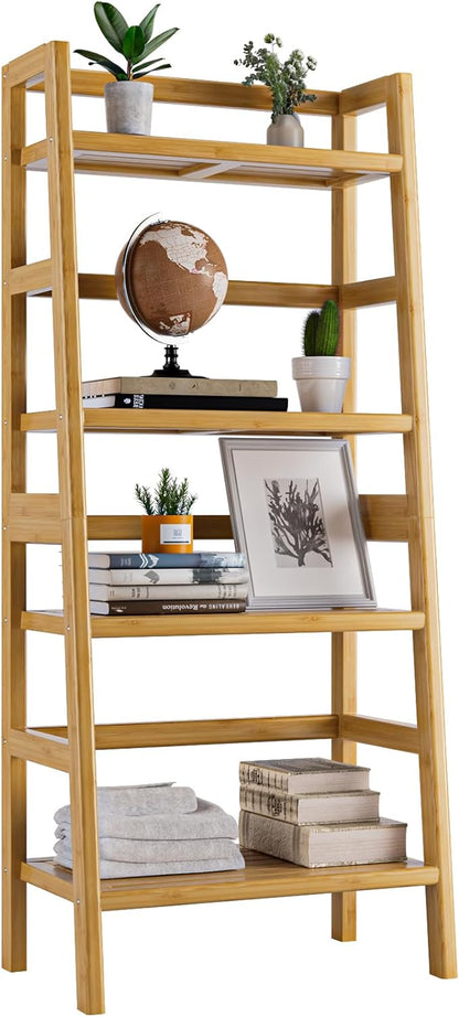 Ladder Shelf, 4-Tier Bookshelf, Bamboo Leaning Bookcase, Display Storage Rack Organizer, Freestanding Flower Plant Stand for Living Room, Home Office, Kitchen, Natural - LeafyLoom