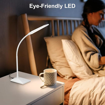 LED Desk Lamp Eye-Caring Table Lamps with USB Charging Port,7 Brightness Levels & 5 Color Modes,Touch Control and Memory Function, Flexible Gooseneck Reading Lamp for Home Office, White - LeafyLoom