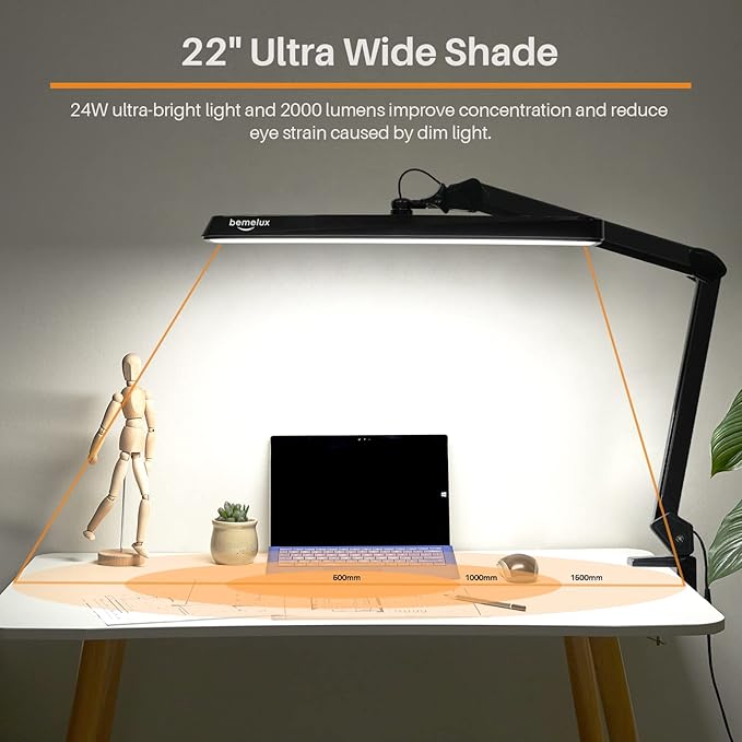 LED Architect Desk Lamp with Clamp, Metal Swing Arm 2000 Lumens Dimming Office Table Lamp for Task Work Drafting Reading Desktop, 234PCS Bright LEDs, 24W, 5 Color Temperatures Workbench Lamp - LeafyLoom