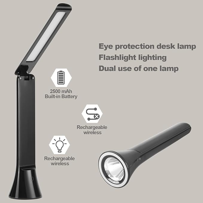 Rechargeable Desk Lamp, Foldable Portable Battery Operated Desk Lamp for Home Office, 2500mAh Cordless LED Desk Lamp with Flashlight Function, Eye Protection Study Lamp (Black) - LeafyLoom