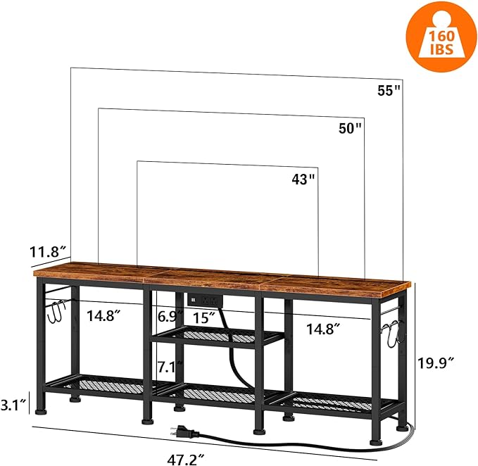 Furologee TV Stand with Power Outlets, Entertainment Center with Open Storage Shelves for TVs up to 55 Inch, TV Media Console Table with Soundbar Shelf for Living Room, Bedroom, Rustic Brown - LeafyLoom