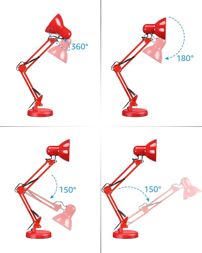 TORCHSTAR Metal Swing Arm Architect Desk Lamp with Clamp, Adjustable Gooseneck Table Lamp, Clip Desk Lights for Home Office, Work, Study, Reading, E26 Base, Multi-Joint, Red - LeafyLoom