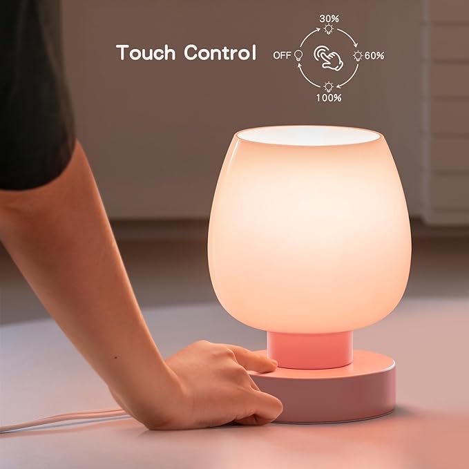 Touch Bedside Table Lamp - Pink Small Lamp for Bedroom with USB C+A Charging Ports 3 Way Dimmable, Nightstand Desk lamp with Glass Lamp Shade Warm LED Bulb Included, Simple Design Christmas - LeafyLoom