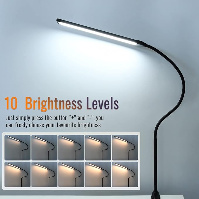 LED Desk Lamp with Clamp, Clamp Light, Tall Desk Lamp with Long Gooseneck, 11W, 850 LMS, 3 Color Modes, 10 Brightness Levels, Eye-Caring, Clip on Desk Light for Reading, Home, Office - LeafyLoom