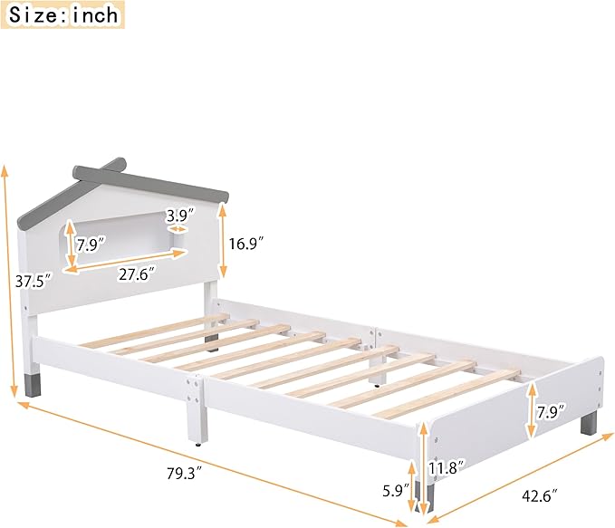 Bellemave Twin Size Platform Bed with House-Shaped Headboard and Motion Activated Night Lights,Wood Twin Kids Bed Frame for Teens, Girls,Boys(Twin,White) - LeafyLoom