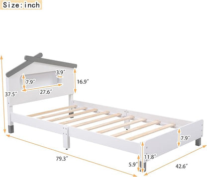 Bellemave Twin Size Platform Bed with House-Shaped Headboard and Motion Activated Night Lights,Wood Twin Kids Bed Frame for Teens, Girls,Boys(Twin,White) - LeafyLoom