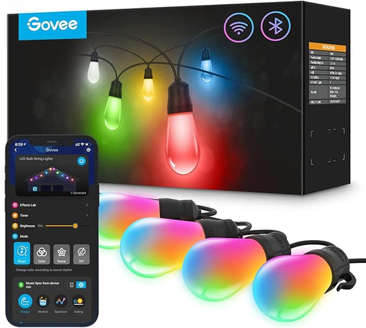 Govee Smart Outdoor String Lights H7021, RGBIC Warm White 96ft (2 Ropes of 48ft) LED Bulbs for Halloween Decorations, Christmas, WiFi Patio Lights Work with Alexa, Google, APP Control, IP65 Waterproof Govee