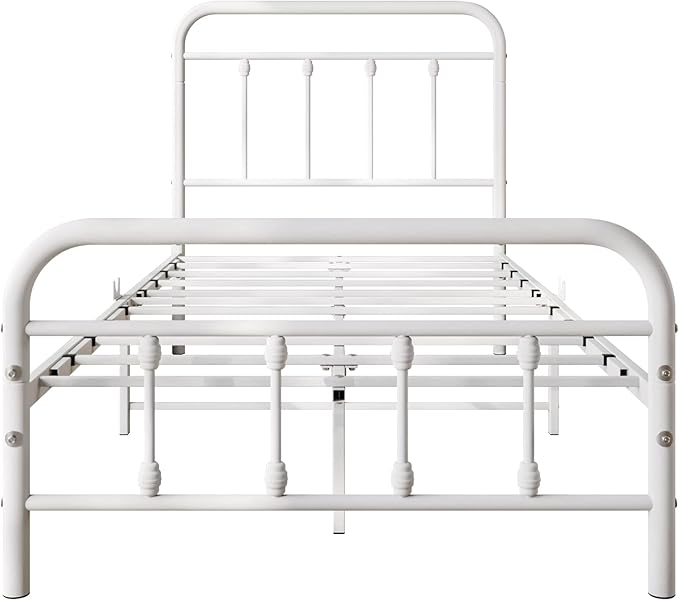 Vintage Twin Size Bed Frame with Headboard and Footboard Mattress Heavy Duty Metal Platform Bed Frame Steel Slat Support (Twin, White) - LeafyLoom