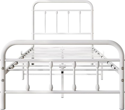 Vintage Twin Size Bed Frame with Headboard and Footboard Mattress Heavy Duty Metal Platform Bed Frame Steel Slat Support (Twin, White) - LeafyLoom