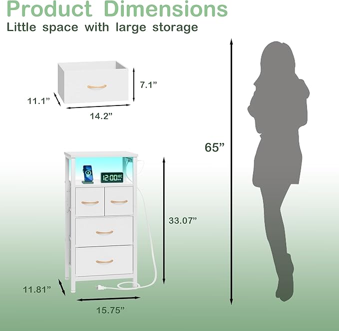 Furnulem 4 Drawer Dresser with Led Light and Charging Station, White Night Stand with Storage Shelf and Fabric & PVC Drawer, 33 Inch Bedside Table, Tall Nightstand for Entryway, Bedroom Furniture - LeafyLoom