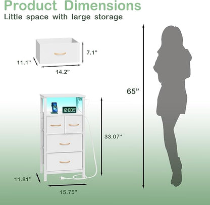 Furnulem 4 Drawer Dresser with Led Light and Charging Station, White Night Stand with Storage Shelf and Fabric & PVC Drawer, 33 Inch Bedside Table, Tall Nightstand for Entryway, Bedroom Furniture - LeafyLoom