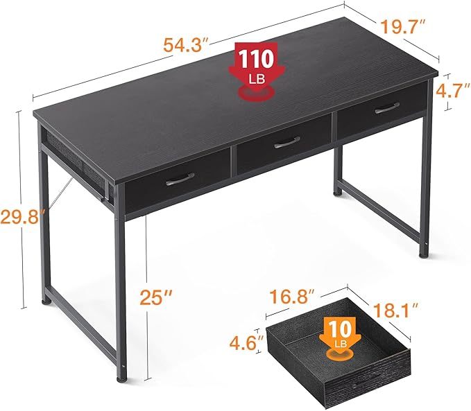 ODK 55 Inch Computer Desk with 3 Cloth Drawers for Home Office, Vanity Desk with Storage and Hook for Bedroom, Work Desk, Study Writing Table, Black - LeafyLoom