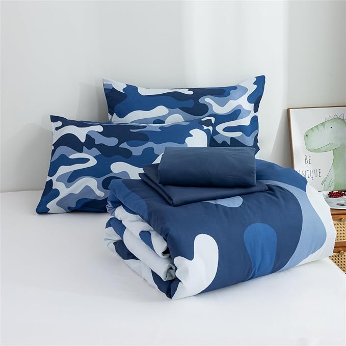 Meeting Story Camouflage Bedding Set, Colorful Pattern Style Comforter Set, 5 PCS One Comforter Two Pillowcases Two Sheets in One Bag, All Season Bedspread for Teens Adults (Navy,Twin 5Pcs) - LeafyLoom