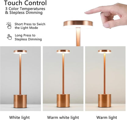 2 Pack Cordless Table Lamp Rechargeable 5000mAh Battery Operated Portable LED Desk Lamp 3 Color Temperature Stepless Dimming for Bedroom Restaurant Coffee Shop Party (Rose Gold) - LeafyLoom