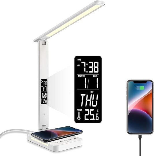 poukaran Desk Lamp, LED Desk Lamp with Wireless Charger, USB Charging Port, Table Lamp with Night Light, Desk Lights with Clock, Alarm, Date and Temperature, White - LeafyLoom