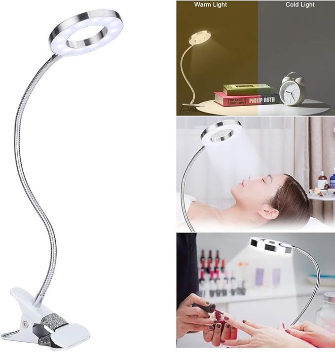 Desk Lamp with Clamp, Mini LED Lamp USB Rechargeable Warm/White Light Changeable Eye Protection Bed Light for Night Reading, Tattoo, Eyelash Extension, Make Up Lamp - LeafyLoom