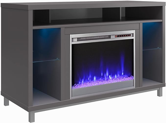 Ameriwood Home Lumina Fireplace TV Stand for TVs up to 48 Inch, Replaceable Electric Fireplace Insert Heater, Remote Control, Timer, Color Changing LED Lights, Crystal Ember Flames, Graphite Gray - LeafyLoom