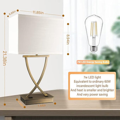 3-Way Dimmable Touch Control Medium Table Lamp with Type C/USB Charging Port and 1 AC Outlet White Shade 21.38" Bedside Nightstand Lamp for Bedroom Living Room Office and Hotel Bulb Included - LeafyLoom