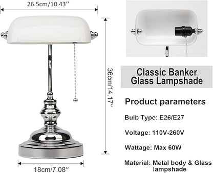 FIRVRE Bankers Lamp White Shade, Bankers Desk Lamp Library Lamp with Pull Chain, Vintage Desk Lamp for Office, Study Room - LeafyLoom