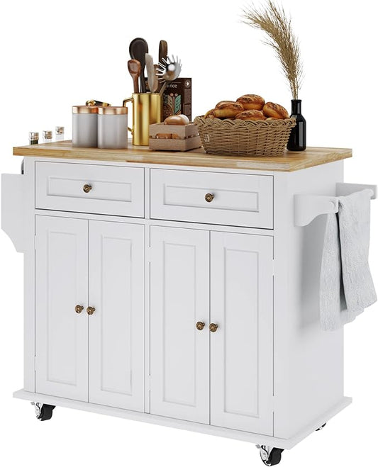 SogesHome Kitchen Island Cart with Storage Kitchen Cart Sideboard and Buffet with Wheels Bar Cart with Large Countertop, with Towel Holder and Spice Rack, 2 Drawers, 2-Door Cabinets, White&Maple - LeafyLoom