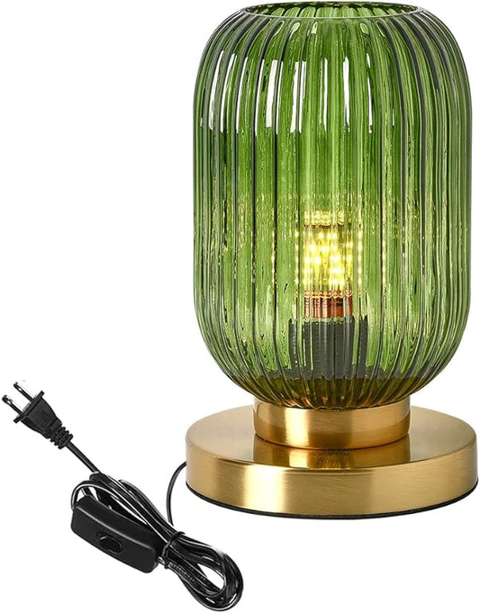 Glass Table Lamps Mid Century Modern Globe Table lamp Gold Desk lamp nightstand lamp with Green Pumpkin Design Ribbed Glass Bedside Table Lamp for Bedroom Living Room Office - LeafyLoom