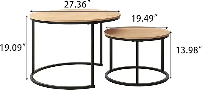 Industrial Round Coffee Table Set of 2 End Table for Living Room,Stacking Side Tables, Sturdy and Easy Assembly,Wood Look Accent Furniture with Metal Frame,Black+Teak OAKDK - LeafyLoom