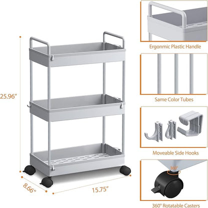 Ronlap 3 Tier Classic Storage Rolling Cart, Slim Storage Cart with Wheels Slide Out Storage Rolling Cart Organizer Plastic Utility Carts for Bathroom Laundry Room Kitchen Office Narrow Place, Grey - LeafyLoom