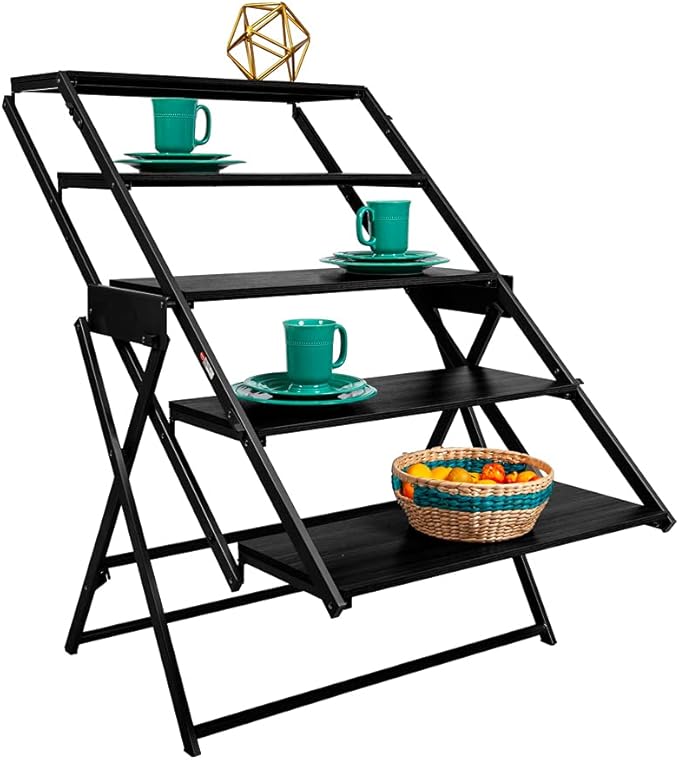 Origami Modern 2 in 1 Shelf to Table Style, Organizer Deco Rack Magically Turn to a Table/Desk in a Second, Fully Assembled, Patent Pending, Black(STT-BLKBLK) - LeafyLoom