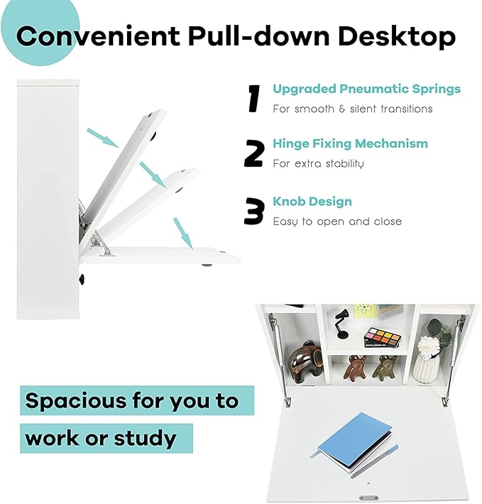 2 in 1 Foldable Tabletop, Folding Wall Mount Laptop Storage Compartments Space Saving Floating Desk, Small, White - LeafyLoom