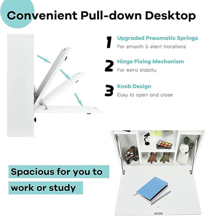 2 in 1 Foldable Tabletop, Folding Wall Mount Laptop Storage Compartments Space Saving Floating Desk, Small, White - LeafyLoom