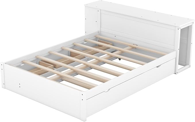 Wood Full Size Platform Bed with Headboard W/Build-in Rolling Desk, Full Bed Frame with Trundle Bed and Storage Drawers for Teens Kids Adults, No Box Spring Needed, White - LeafyLoom