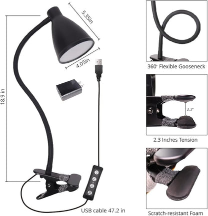 Desk Lamp Reading Light Clamp Lamp 3 Color Modes 10 Brightness Dimmer Table Lamp with Auto Off Timer Eye-Caring Lamp for Home Office 360° Flexible Gooseneck Clip AC Adapter Include(Black) - LeafyLoom