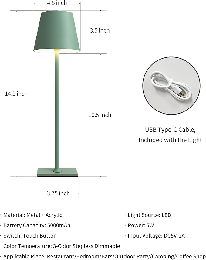 KDG 2 Pack Cordless Table Lamp,Portable LED Desk Lamp, 5000mAh Battery Operated, 3 Color Stepless Dimming Up, for Restaurant/Bedroom/Bars/Outdoor Party/Camping/Coffee Shop Night Light(Green) - LeafyLoom