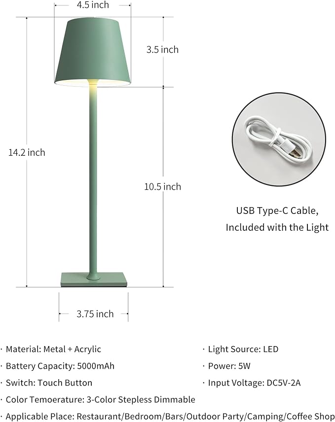 KDG 2 Pack Cordless Table Lamp,Portable LED Desk Lamp, 5000mAh Battery Operated, 3 Color Stepless Dimming Up, for Restaurant/Bedroom/Bars/Outdoor Party/Camping/Coffee Shop Night Light(Green) - LeafyLoom