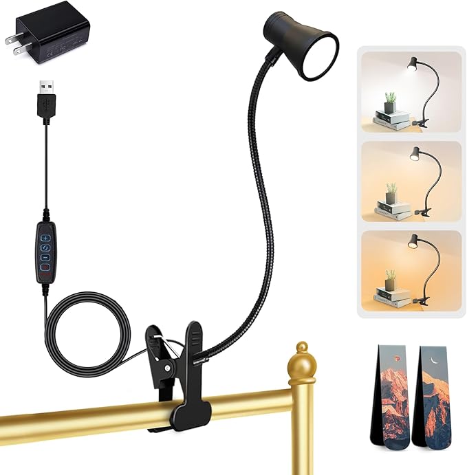 Clip on Light Reading for Bed LED Desk Lights 3 Color Modes 10 Brightness USB Lamp Eye Care 360° Flexible Gooseneck Dimmable for Headboard Computer Read Books Task Lamps with Adapter Bookmark(Black) - LeafyLoom