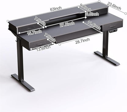 Electric Standing Desk, Multifunctional Standing Desk Adjustable Height, 63 * 24 Standing Desk with 4 Drawers, Ergonomic Adjustable Standing Desk with Keyboard Tray, Classic Black - LeafyLoom