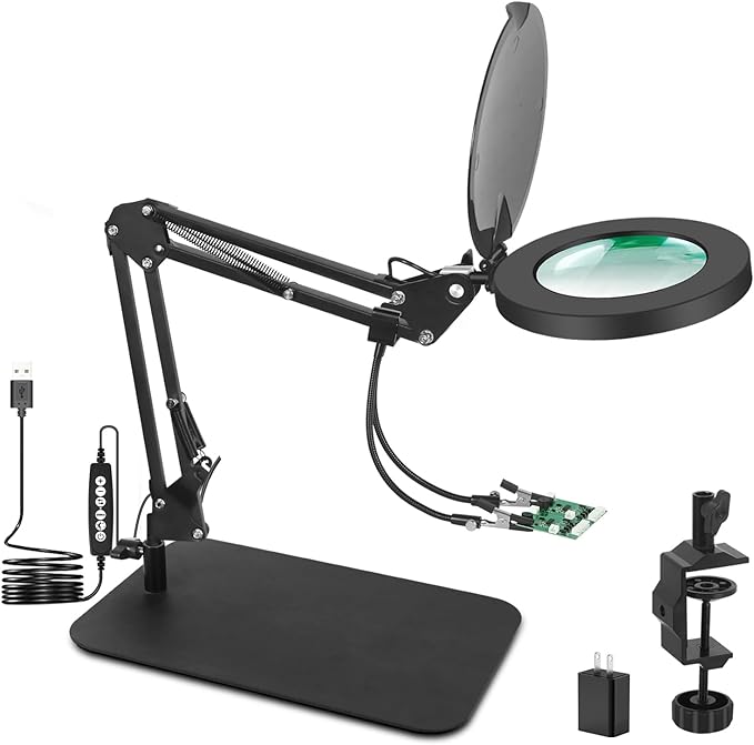 Magnifying Glass with Light, 3-in-1 Magnifying Desk Lamp 10X LED Magnifying Lamp with Heavy Base & Clamp, 5 Color Modes Stepless Dimmable, Magnifier Light for Soldering Craft Workbench - LeafyLoom